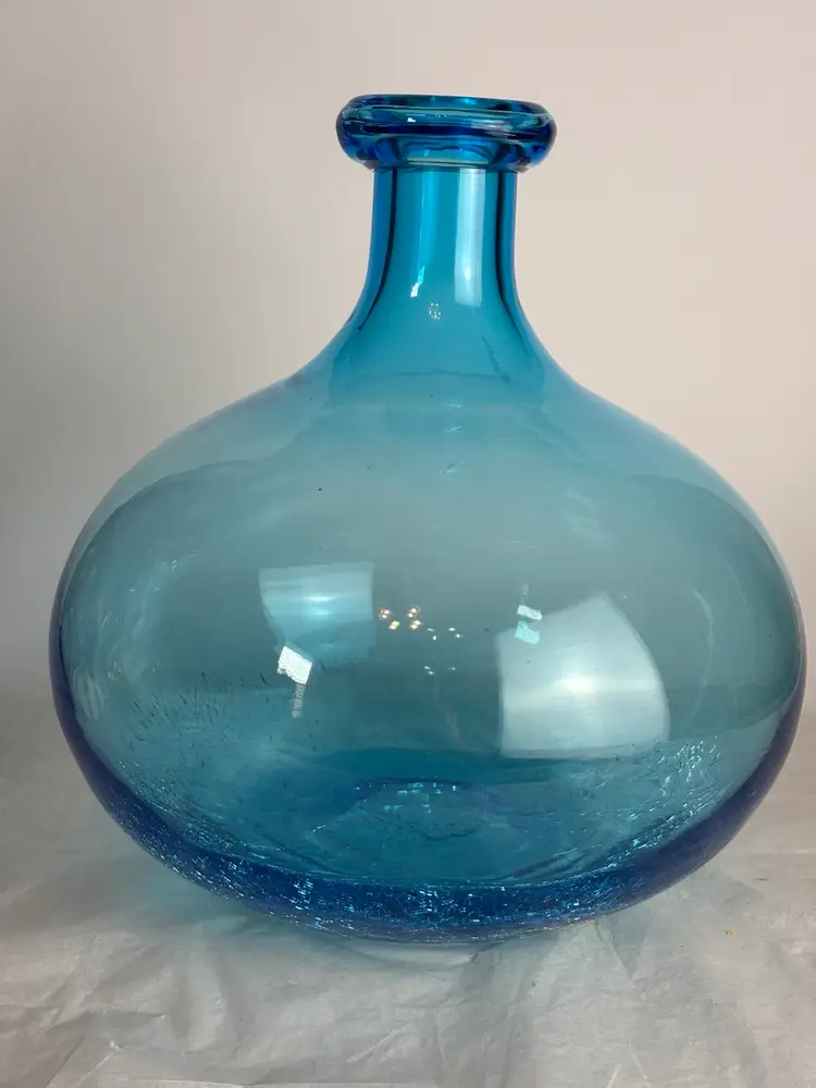 Hand Blown Crackle Glass Large Aqua Blue Bottle Vase 9"