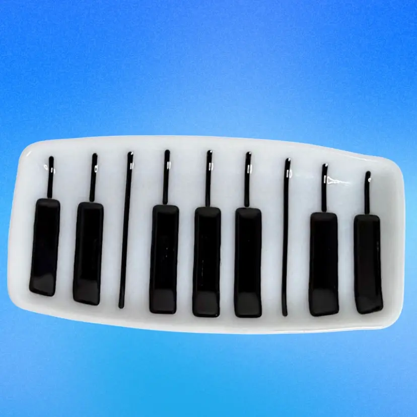Serving Tray•Catchall Rectangular Fused Glass White & Black Art Deco Piano Key Design Signed by Artist
9-1/2” L x 4-3/4” W x 1/2” H