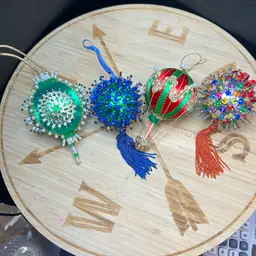 Set Of 4 Vintage Hand Made Pin And Sequin Ornaments 1960s-70s