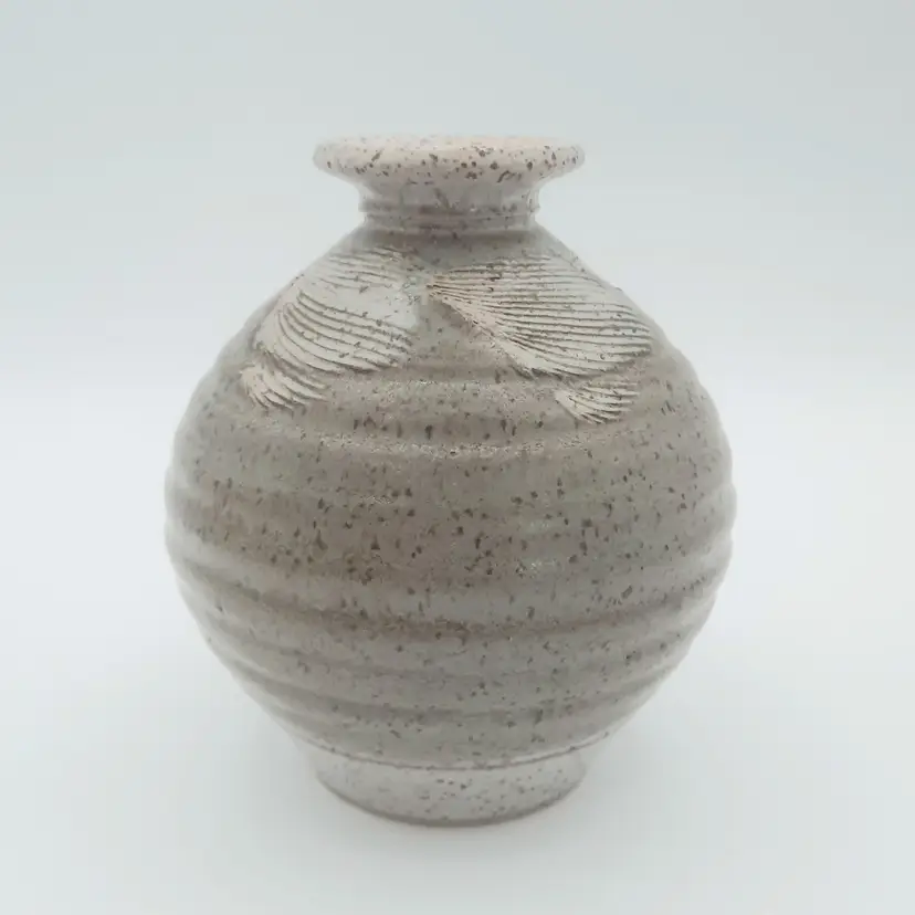 Art Pottery Signed Ribbed Vase Speckled Green & Gray