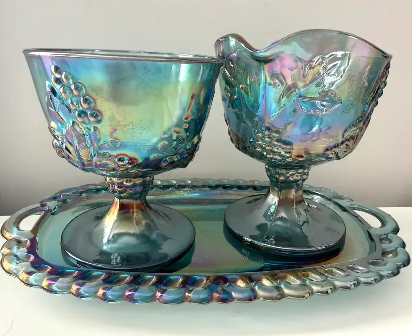 Vintage Harvest Grape - Creamer & Sugar On Tray - Blue Indiana Carnival Glass
