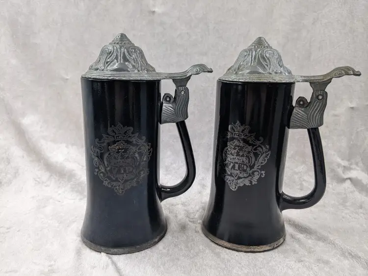 VIP Black Glass Stein Beer Set Of 2 Mug Metal Lid  Love of Maiden Poem Castlecore Hobbitcore Gothic 80s 70s a Barware Ale Tankard B