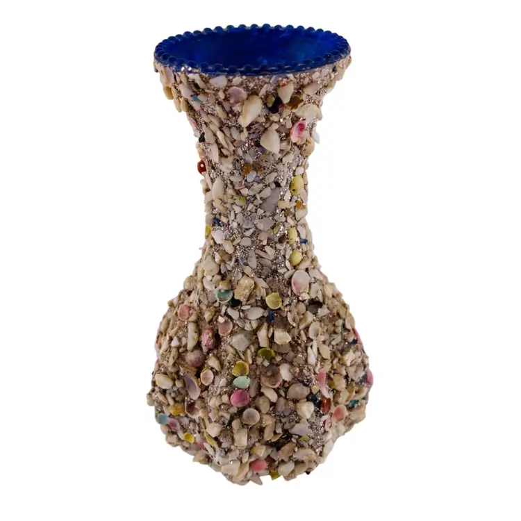 VTG Shell Covered Blue Glass Vase Souvenir Retro Beach House Coastal 5”