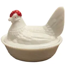 Medium Sized Westmoreland Milk Glass Hen On Nest With HP Red Comb 4 1/2” X 5 1/2”