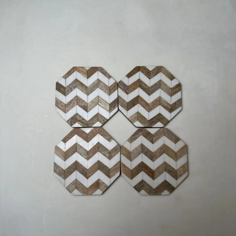 Set Of Four Octagon Handmade Mango Wood Coaster Set With White Zig Zag Design