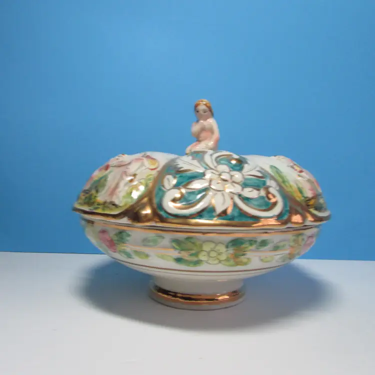 vintage 618 Capodimonte covered candy dish nude cherub decorative gold trim