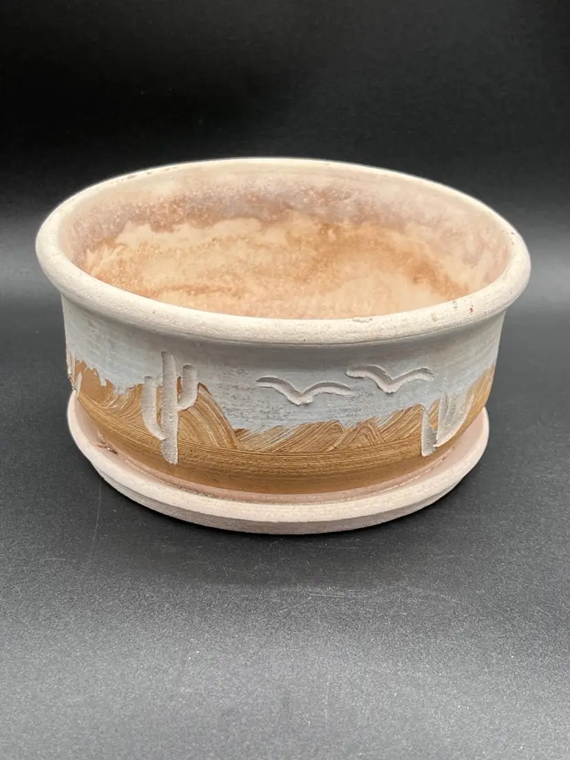 Signed Gordon Pottery 1991 Hand Made Etched Southwestern Desert Planter Attached Tray READ 5.5”🌵