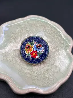 #10 Cobalt Blue Floral Italian Micro Mosaic Brooch 1.25”