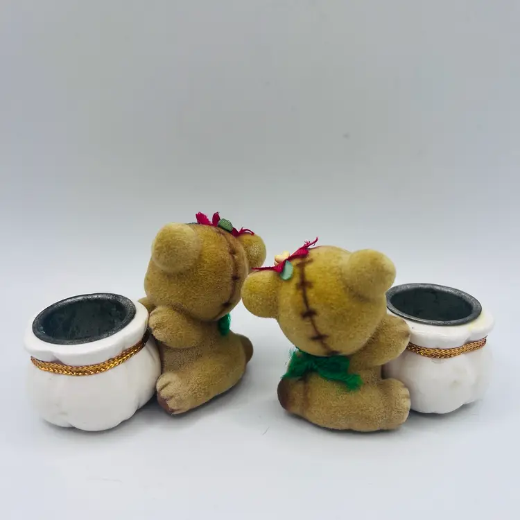 Vintage Christmas Josef Originals Fuzzy Wazzy Flocked Bear Candlestick Holders 2”x 3” HTF
