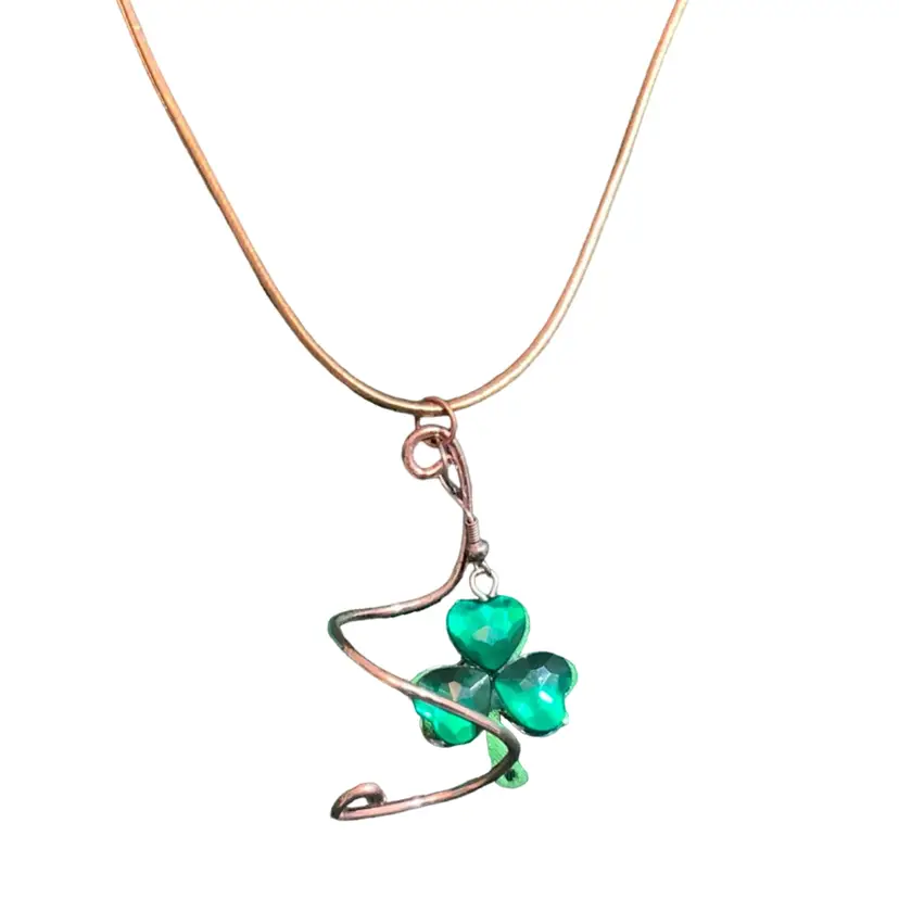 Handcrafted Costume Jewelry Necklace Emerald Green Hard Plastic, Rhinestone Shamrock And Metal  Pendant 16” Copper  Tone Faux Leather  With Copper 3” Chain Extender 