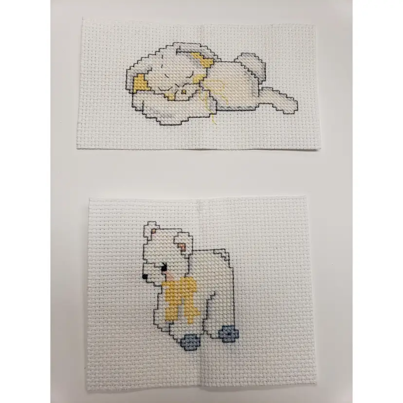 New Lot Of 2 Cross-stitched Pieces One Rolling Bear, One Sleeping Bunny With Yellow Accents
