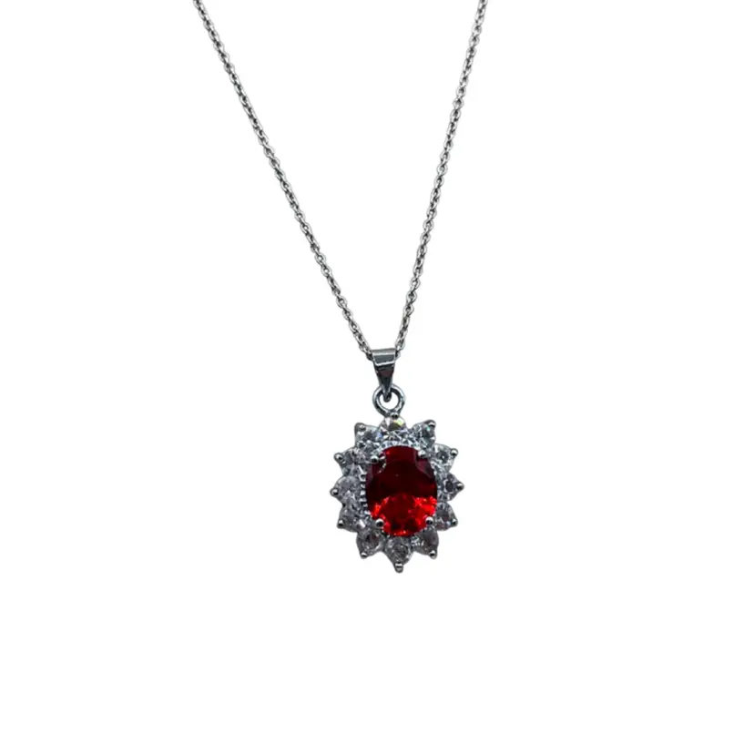 RWB - Vintage Sparkly Red Plastic Rhinestone Silver Tone Necklace - 18”