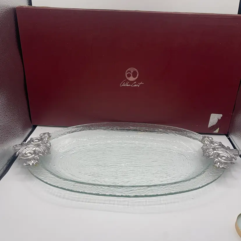 Arthur Court Glass Tray With Fleur Di Lis Handles Brand New In The Box 21 Inches Long By 11 Inches Wide