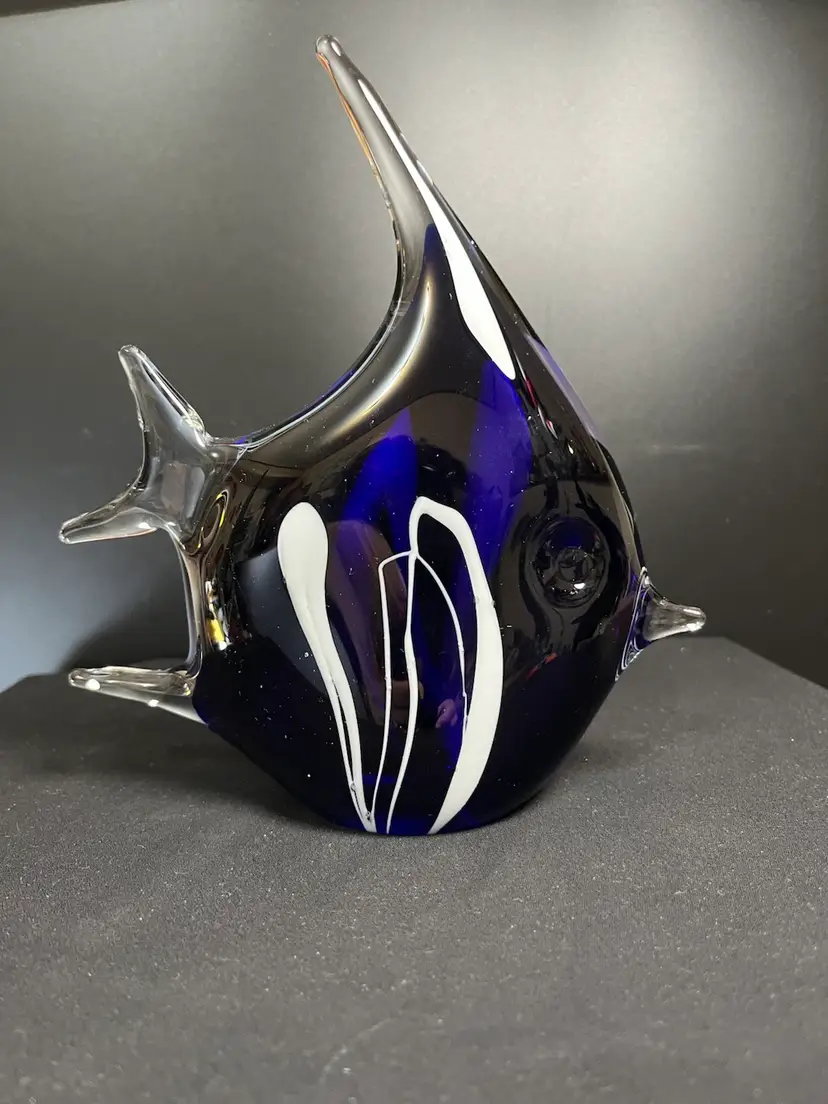 Art Glass Cobalt Blue with White Stripes Angel Fish-Clear Glass Does Glow Green w/ UV Light-Lot 53