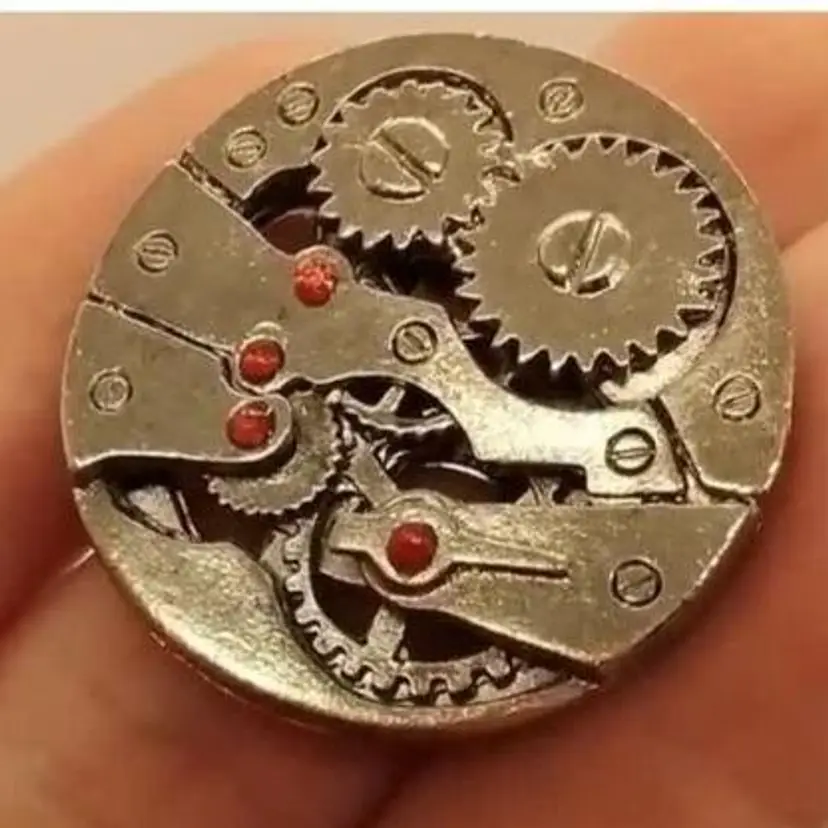 Steampunk Watch Gears, Including Faux Rubys And Ornate Band. Artesian Made, Silver Tone Ring