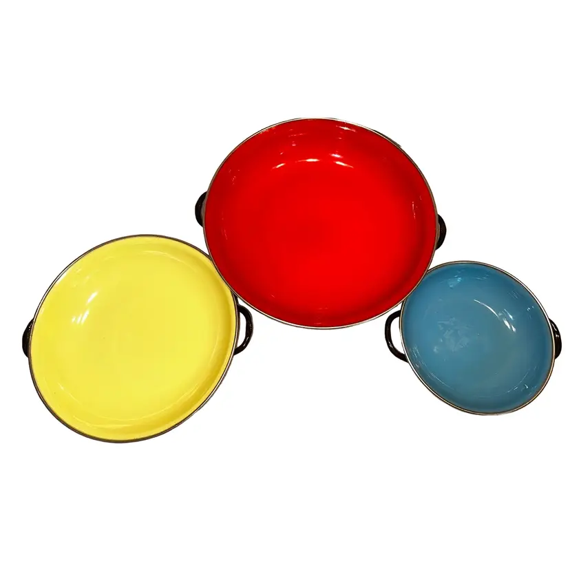 Vintage 3 Piece Enamel Saute Pans Set Emo Celje Yugoslavia Red Yellow Blue
