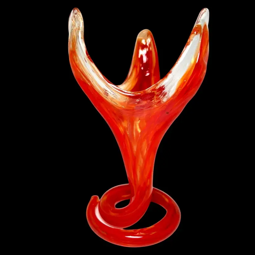 Ozark Art Glass Eye-Popping Orange Red Swirl 7-1/4” Hand Blown Abstract Tulip Vase. Hollow All The Way Down Thru Base!