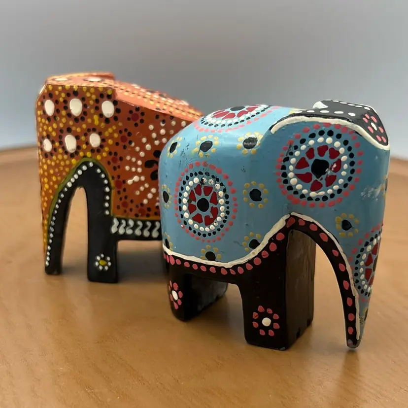 Painted Wood Pair Of Elephants 2.5” x 1.5” x 2.5” Tall - Each