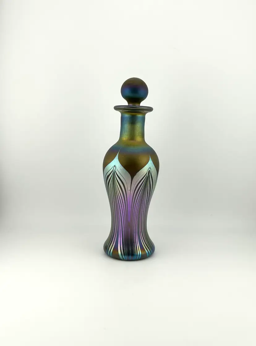 Vintage 1983 Carl Radke Phoenix Studio Pulled Feather Art Glass Bottle With Stopper 2.5”x 7.5”