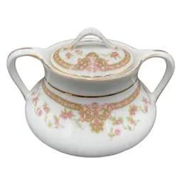 Antique Bassett Limoges Austria Porcelain Lidded Sugar Bowl, Pink Roses, #BSS21