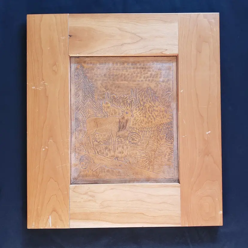 Deer Landscape Hand Tooled Leather Wood Framed Art Design Unbranded