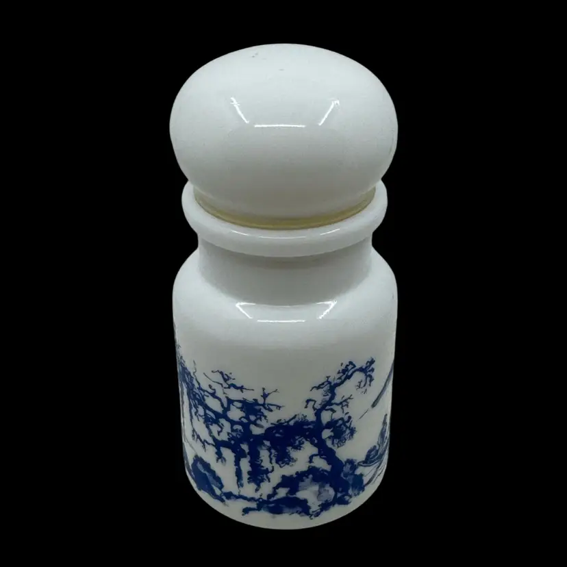 Vintage blue and white milk glass apothecary jar with Asian landscape decoration, Made In Belgium