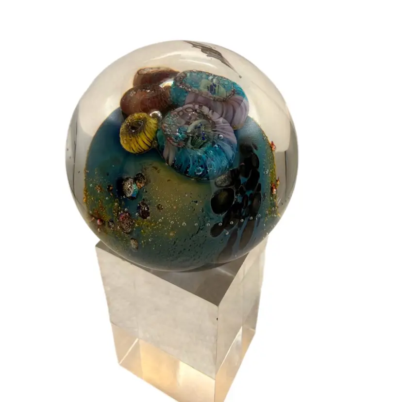 Josh Simpson “Inhabited Planet” Signed Large Marble Paperweight With Base - 2.25”