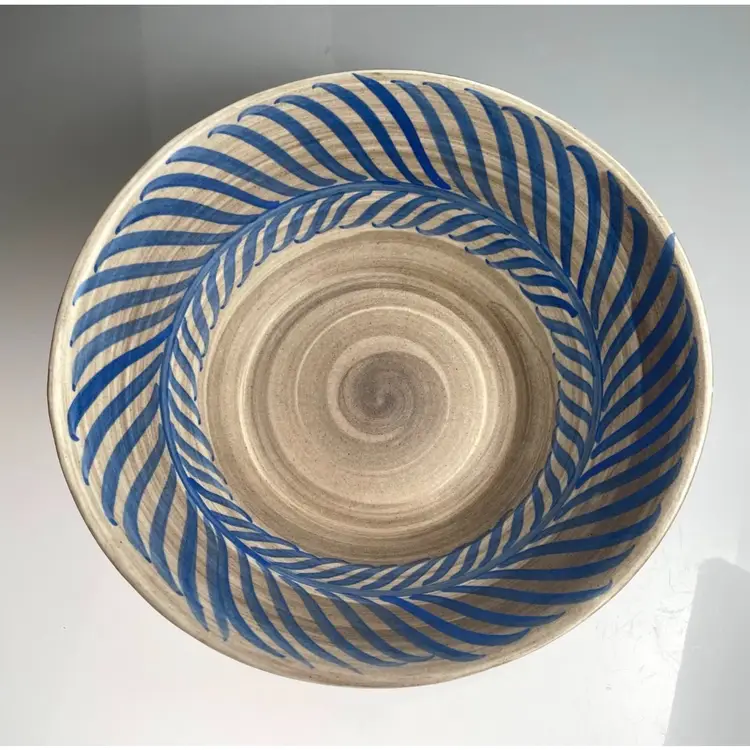 California Cleminsons Caltempo Pottery MCM Vintage Ceramic Serving Bowl Blue Feather 9"