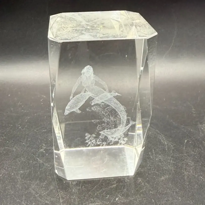 3D Laser Etched Crystal Block Mermaid & Dolphins Paperweight