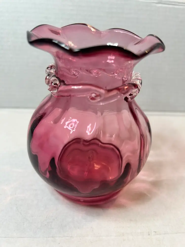 Vintage Pilgrim Glass Cranberry Bud Vase with Applied Rigaree Collar