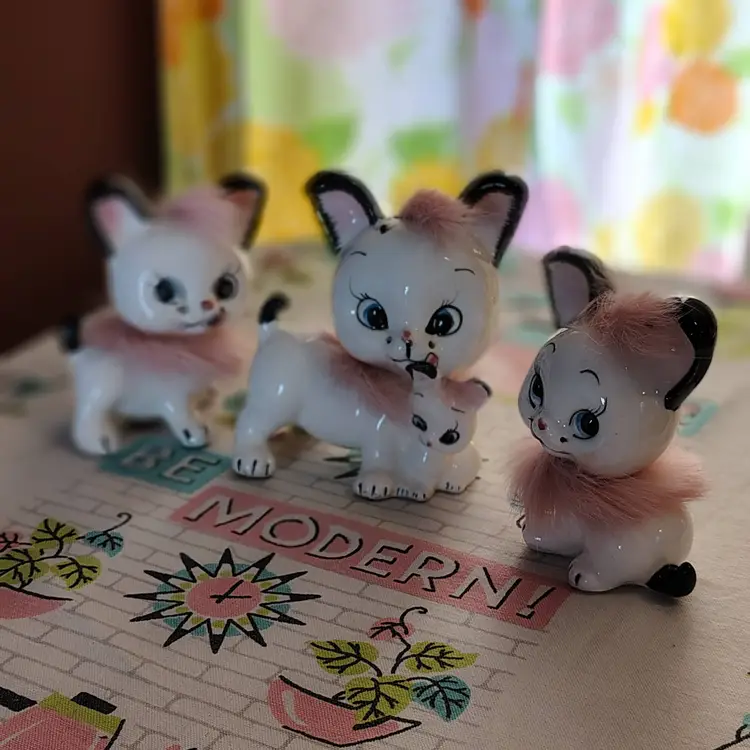 Vintage Set of Adorable Puppies | Kitschy Figurine Plus Matching Salt and Pepper Shakers | Puppies with Licky Tongues and Pink Real Fur Accents | 1960s Made in Japan
