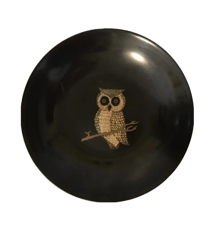 VINTAGE COUROC Owl Bird PLATE DISH BOWL MONTERREY CALIFORNIA MCM Black 7.75”