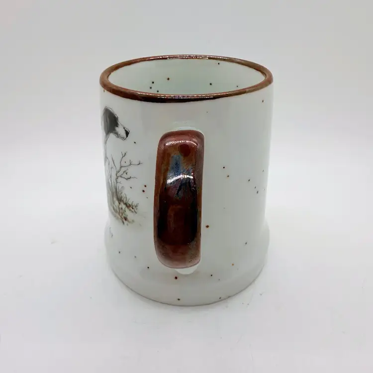 Vintage Speckled Beige & Brown Stoneware Mug English Pointer Hunting Dog Chip