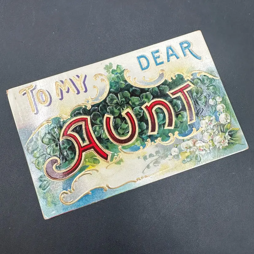 “To My Dear Aunt” Antique Gilded Embossed Large Letter Name Postcard, Unmarked Unposted