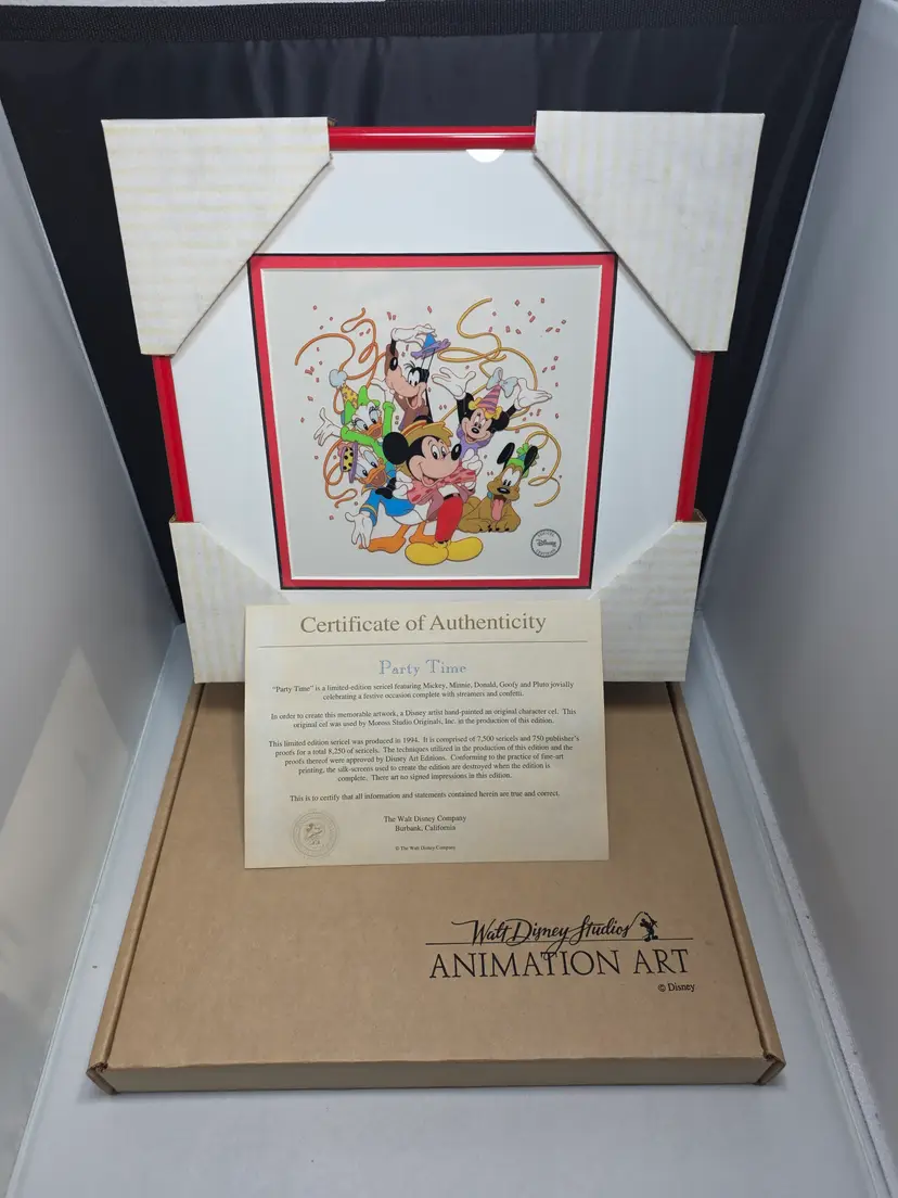 Disney Mickey Minnie Goofy Pluto Party Time LE Sericel w/COA Box