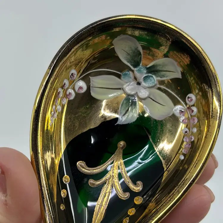 Bohemian Art Glass Floral Mini Emerald Teardrop Trinket Dish 4.25”
