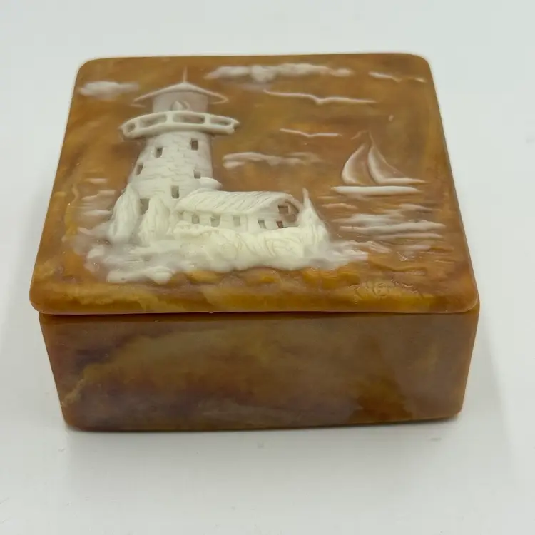 Robert Nemith Incolay Stone Vtg Jewelry Trinket Box Lighthouse Ocean Sailboat