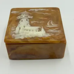 Robert Nemith Incolay Stone Vtg Jewelry Trinket Box Lighthouse Ocean Sailboat