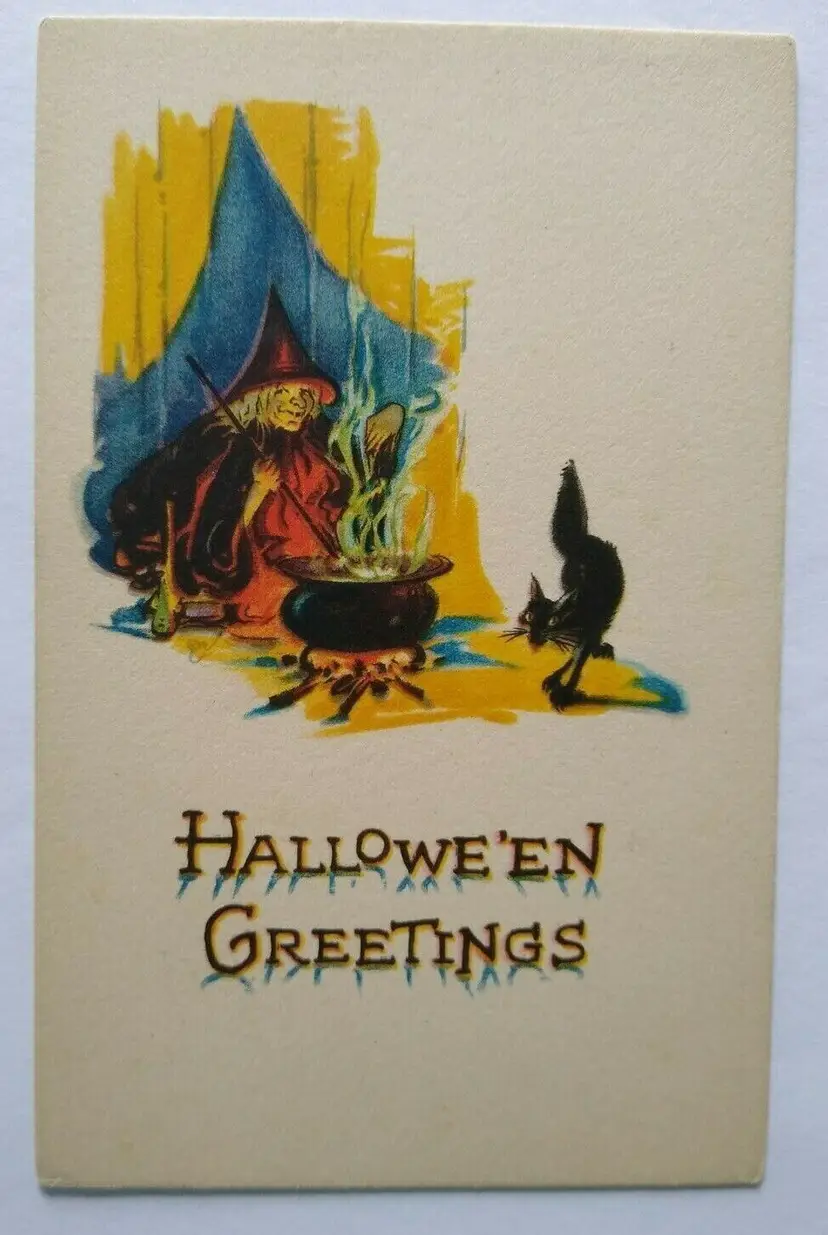 Fantasy Halloween Postcard Gibson Witch Black Cat Cauldron Unused Rare Original