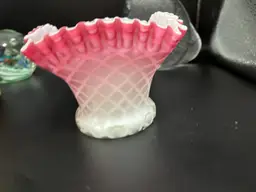 Antique As Is Beautiful, Victorian Woven Quilted Design Cranberry To White Ombre, Ruffled Square Vase