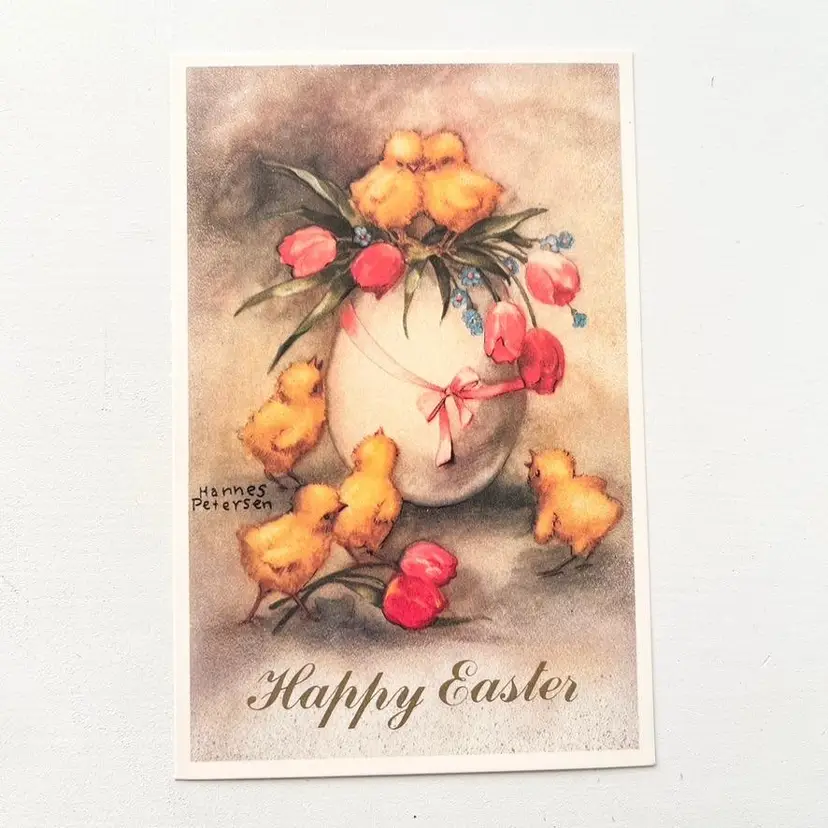 Easter Postcard Chick Chicken Cracked Egg Vase Tulip Flowers Vintage 1980s