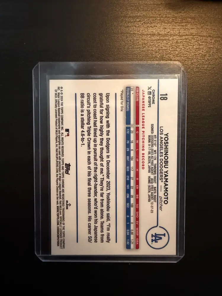 Yoshinobu Yamamoto 2024 Topps Chrome Rookie Prism Refractor