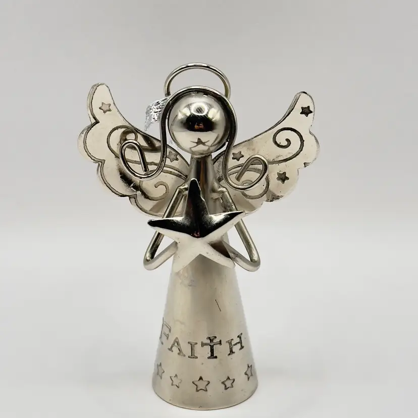 Vintage Christmas Angel with Star Bell Figurine Ornament, Word “Faith” Engraved, Handcrafted Festive Holiday Decor, By Regal Art & Gift, Made In India