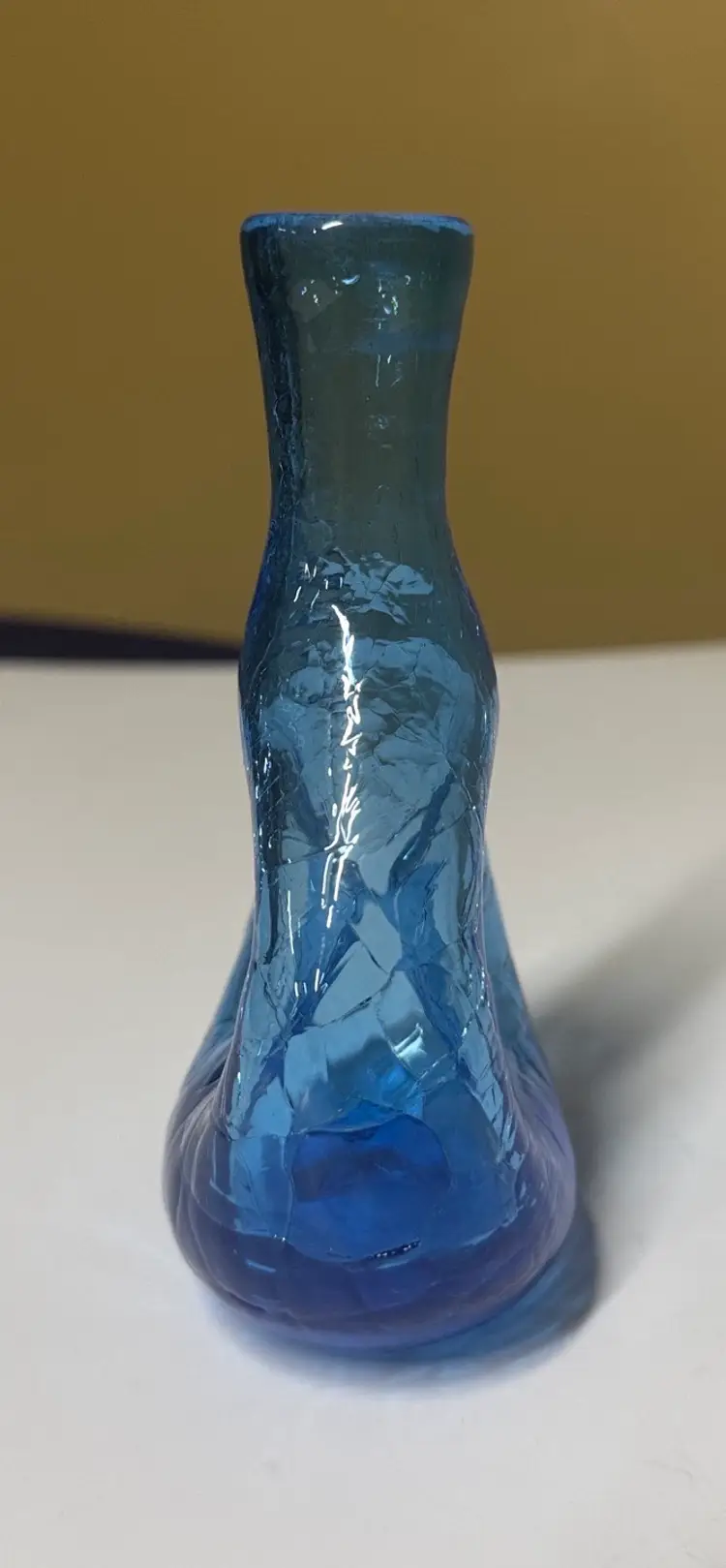 Blue Crackle Glass Miniature Donut Vase 5” tall handblown