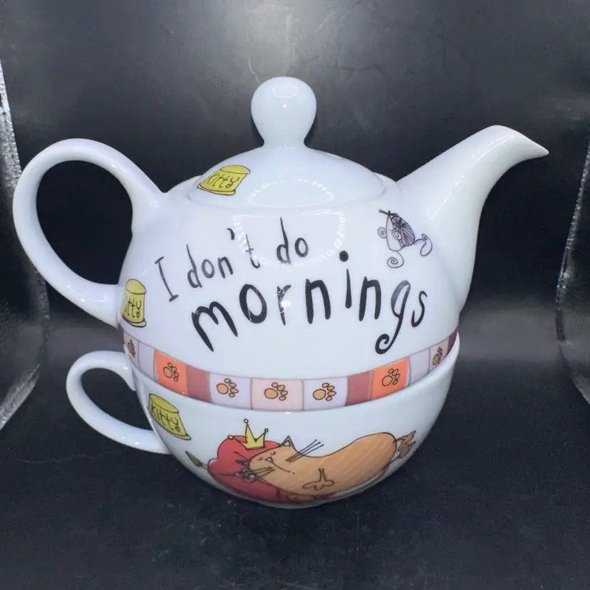 NWOB Creative Tops Tea For One Kitty I Dont Do Mornings Stacked Teapot Cup