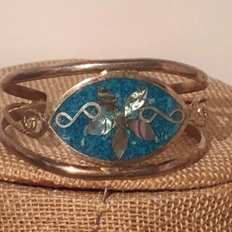 NEW Beautiful Vintage Alpaca Mexico Silver Abalone Flower Shell Cuff Bracelet