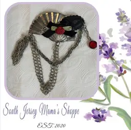 Vintage Silver Tone Goth Style Fan Brooch With Black Mask Rose Chains Tassel And Red Acrylic Bead