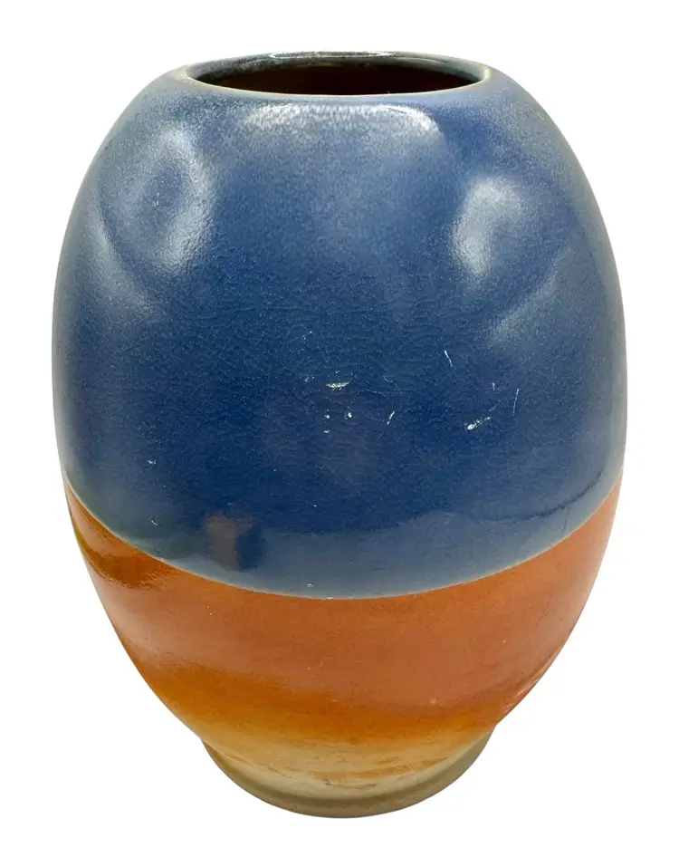 Signed Kenneth Studio Art Pottery Vase Blue Orange Beige Crackle 2006 7.25”