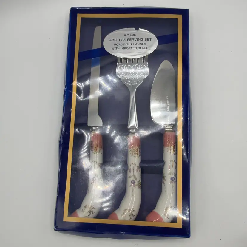 Sheffield England LOVINGLY REPAIRED 3 Piece Vintage Hostess Serving Set Ceramic Handles Stainless Steel