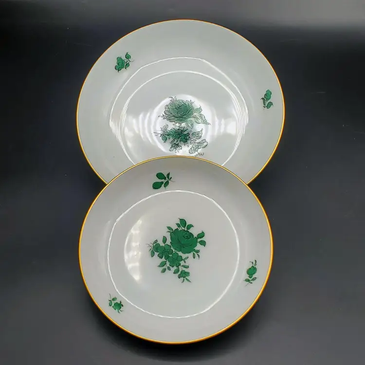 Pair Of Wien Augarten Vienna Small Plates, Maria Theresa Green Roses, Gold Trim, Trinket